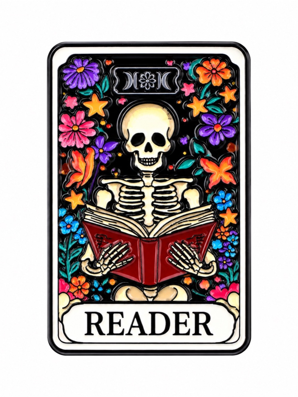 Reader Skeleton Enamel Pin – Gothic Book Lover Floral Reading Bookworm Badge